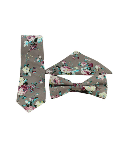 Grey Floral Skinny Tie w/ Matching Bow Tie & Pocket Square