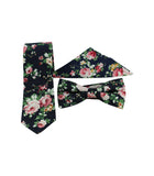 Navy Floral Skinny Tie w/ Matching Bow Tie & Pocket Square