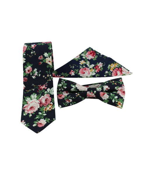 Navy Floral Skinny Tie w/ Matching Bow Tie & Pocket Square