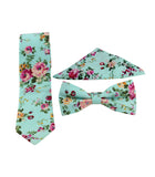Teal Floral Skinny Tie w/ Matching Bow Tie & Pocket Square