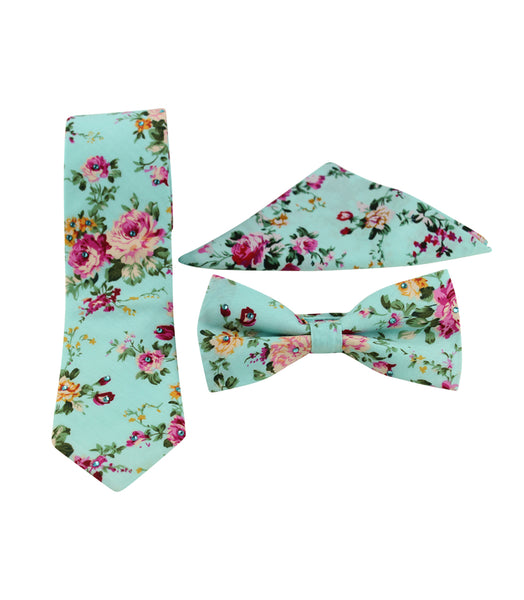 Teal Floral Skinny Tie w/ Matching Bow Tie & Pocket Square