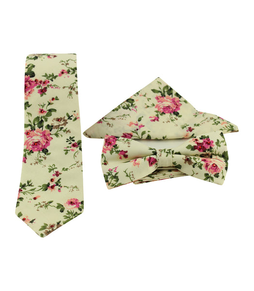 Ivory Floral Skinny Tie w/ Matching Bow Tie & Pocket Square