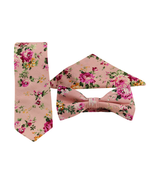 Pink Floral Skinny Tie w/ Matching Bow Tie & Pocket Square